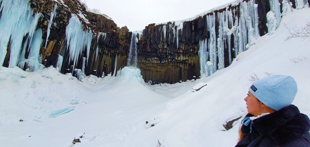 svartifoss waterfall in winter iceland